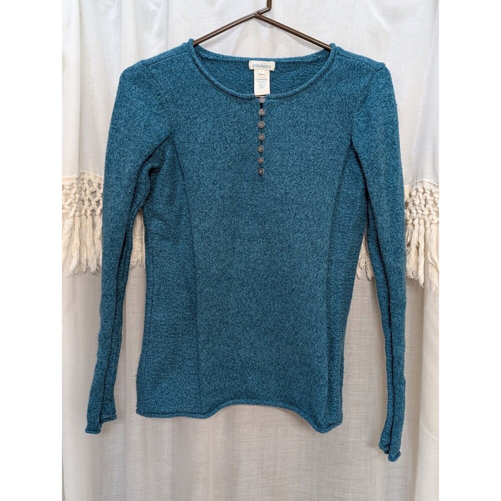 Sundance Long Sleeve Henley Knit Top Teal Blue Women's Small Cotton Silk Blend